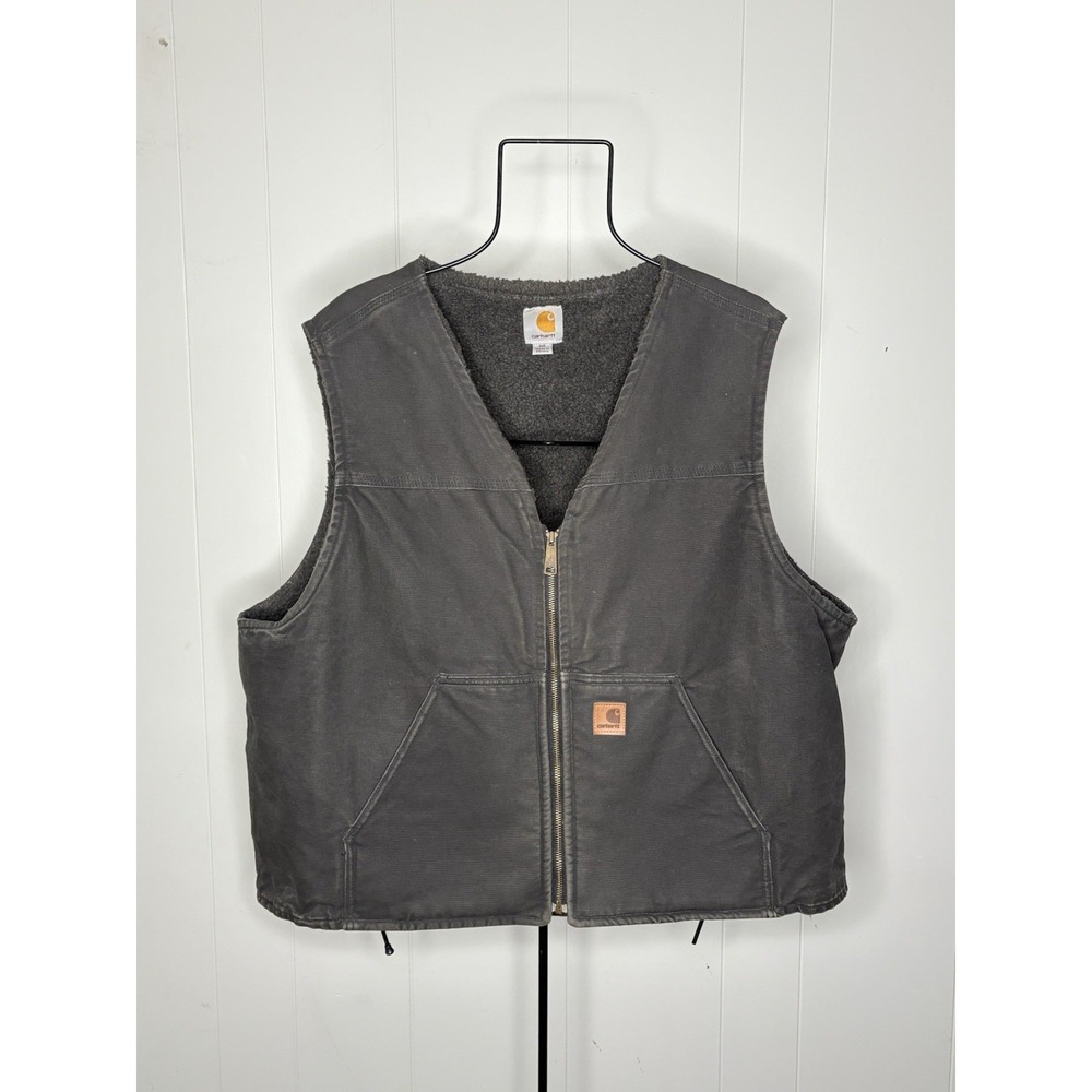 Vintage Carhartt Distressed Faded Black Gray Size 2XL Zip Up Duck Fleece Vest